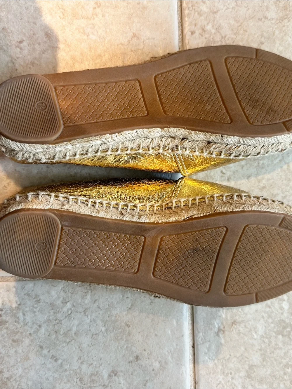 Tory Burch Metallic Gold Espadrille Flats with Brown Toe Cap